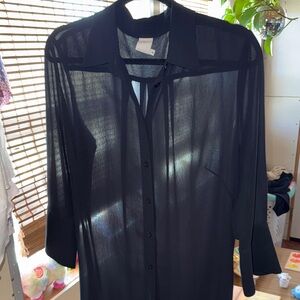 Black Sheer Button-Up Blouse, long, size 10